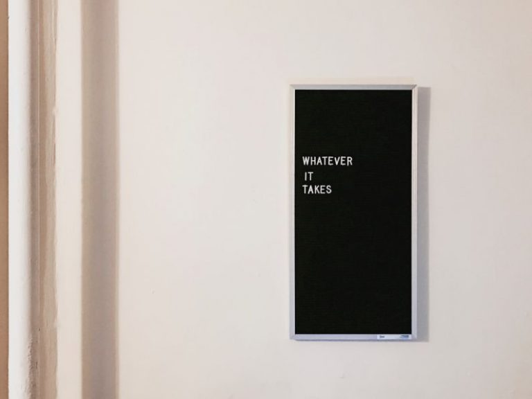 Wall Treatment - gray metal framed chalkboard with whatever it takes written