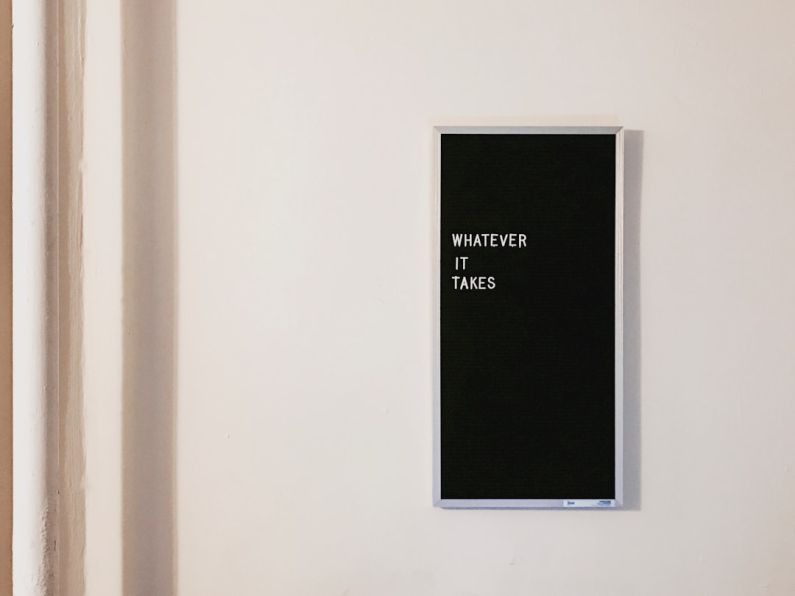 Wall Treatment - gray metal framed chalkboard with whatever it takes written
